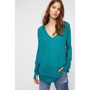 FREE PEOPLE Womens Long Sleeve Layered V Neck Waffle Thermal Top Size XS in Teal